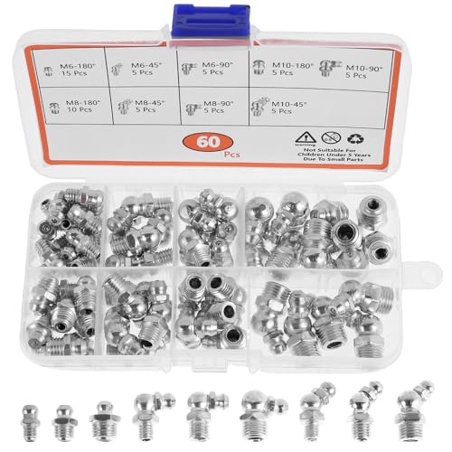 LYDODOKA 60Pcs Metric Grease Fittings Kit, Hydraulic Grease Zerk Assortment Kit, 45 90 Degree Grease Gun Fittings, M6 M8 M10 Straight and Angled Grease Zerk Kit for Grease Guns Mechanical Lubrication
