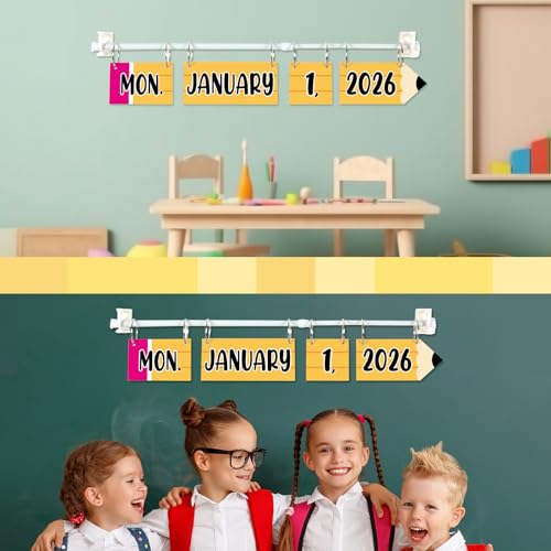 Image of Pencil Flip Calendar Bulletin Board Set Pencil Calendar for Classroom Whiteboard Decor with 2026 to 2030 Years Date Cards and Adjustable Rod for Home Elementary Back to School Teacher Supplies
