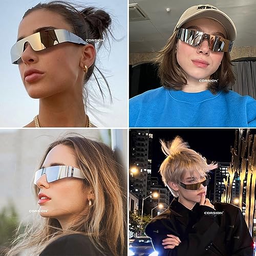 COASION Y2K Silver Futuristic Metallic Sunglasses Cyberpunk Concert Glasses for Women Men, Game 2077 Costume Eyewear3