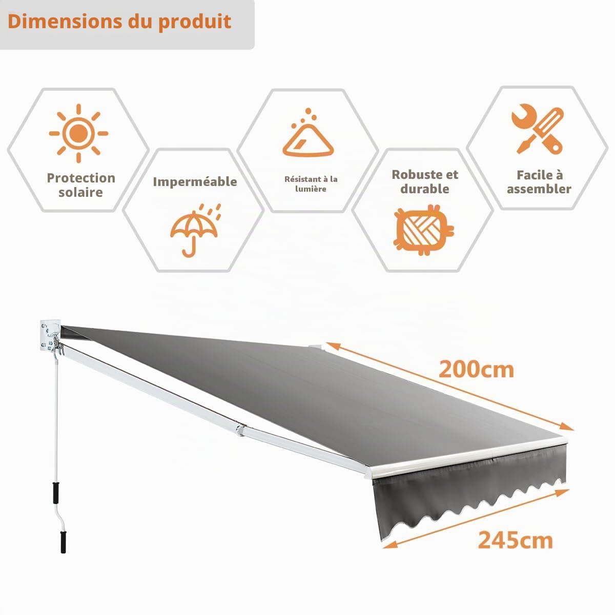 HOMASIS Store rétractable 2,5 x 2/3 x 2,5 m, Store banne avec Protection UV & Eau, Store à Bras articulé avec manivelle, Angle réglable de 40 à 100° pour Balcon Jardin,terrasse (Gris, 245 x 200 cm)