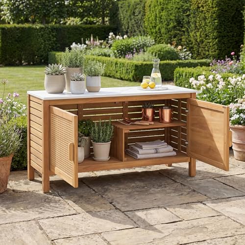 Giantex Acacia Wood Outdoor Cabinet Storage Cabinet w/Faux Marble Top Rattan Doors Interior Shelves & Compartment Buffet Cabinet Functional Potting Table for Garden Patio Backyard