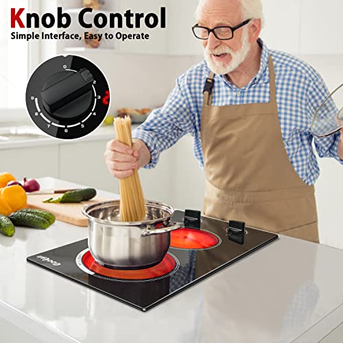 Cooksir Electric Cooktop 12 Inch, 110V Countertop Electric Stove Top 2000W, 2 Burners Ceramic Cooktop With Residual Heat Indicator, Over-Temperature Protection, 9 Power Levels, Knob Control #TOP3