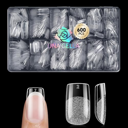 UNA GELLA 600Pcs Short Square Gel Nail Tips, Square Press on Nails Pre Etched Full Cover Soft Gel Nail Tips No C Curve For Women Girl DIY French & Chrome Style Salon At Home 12 Sizes