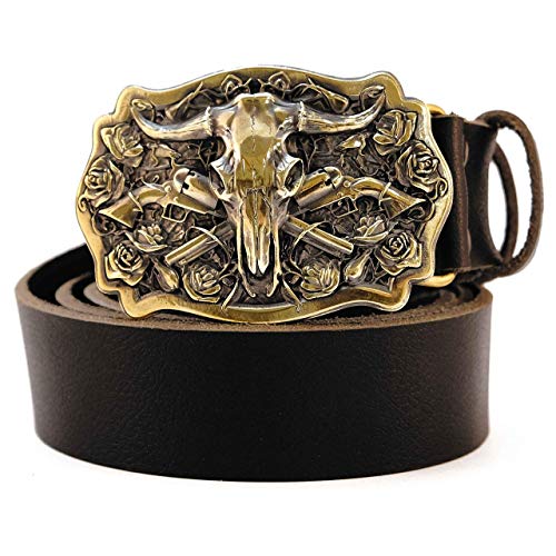 Leather belt with American Bison Buffalo Skull belt buckle, Longhorn Cattle Buffalo Bison Skull American belt buckle on leather belt