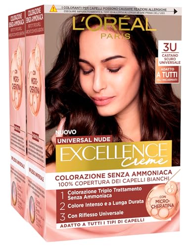 L'Oréal Paris - Tinte permanente Excellence Creme Universal Nude 3U Castaño Oscuro Universal Coloración Triple Tratamiento Cubre el 100% de las canas sin amoníaco, 2 tintes