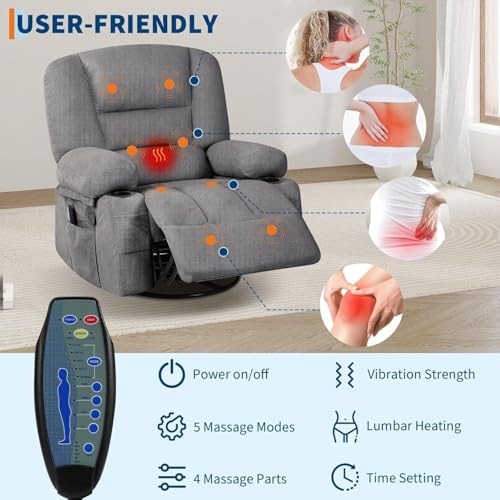 Image of Oversized Manual Swivel Recliner Chair for Adults, 360 Swivel Rocker Glider with Vibration Massage & Heat, Extra Wide Chenille Fabric Lazy Chair for Living Room Bedroom, Dark Gray Chenille