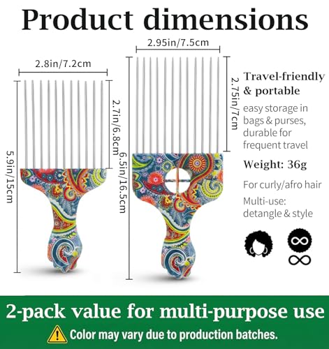 Peine Hair Pick para hombres negros, 2 piezas metálicas miniatura 2
