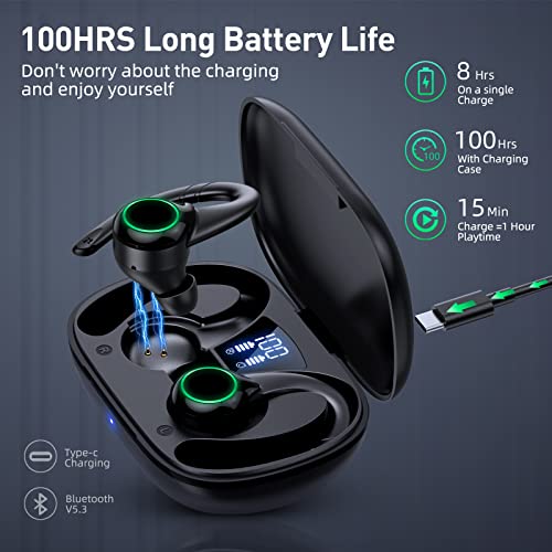 Pureroyi Bluetooth Headphones Wireless Earbuds, 100Hrs Playback Over Ear Earphones With Earhooks, Dual-Led Display, Ipx7 Waterproof, Ear Buds Built-In Mic Headset For Sports Running Workout Black #TOP3