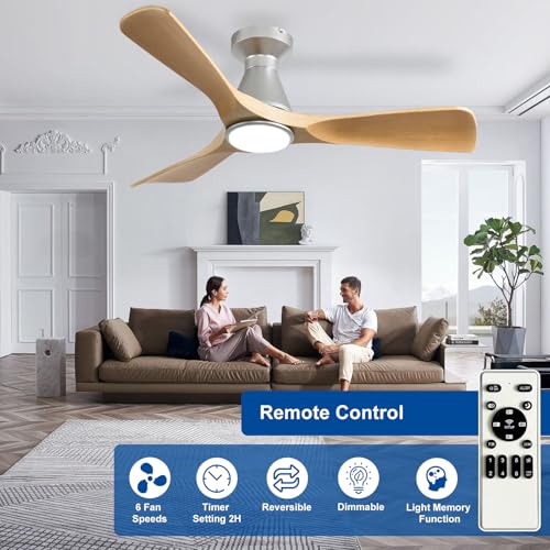 Image of Depuley 42-Inch Ceiling Fans with Lights: Wood 3 Blade Flush Mount Low Profile Ceiling Fan for Bedroom - Dimmable Indoor Outdoor Fan with Remote Control Ultra Quiet DC Motor Timer