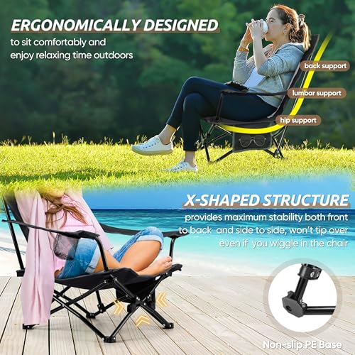 Image of HaSteeL Folding Beach Chair Set of 3, Foldable Black Camping Chairs & Grey Table for Outside, Low Beach Chair Portable for Adults Fishing, Picnic, Outdoor BBQ, Cup Holder & Storage Bag