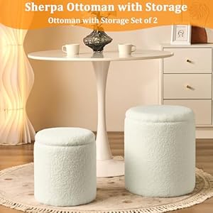 Sayma round set of 2 ottoman with storage sherpa storage ottoman chair makeup vanity stool chair multifunctional for living room bedroom dining room white  urban country home decor