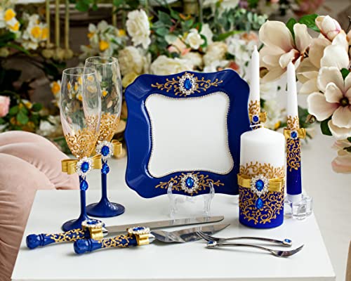 Vizzara, Royal Blue And Gold Wedding Set, Personalized, Guest Book, Wedding Glasses Royal Blue And Gold Wedding, Card Box Royal Blue Wedding, Pillow (Whole Set Of 17 Pcs) #TOP7