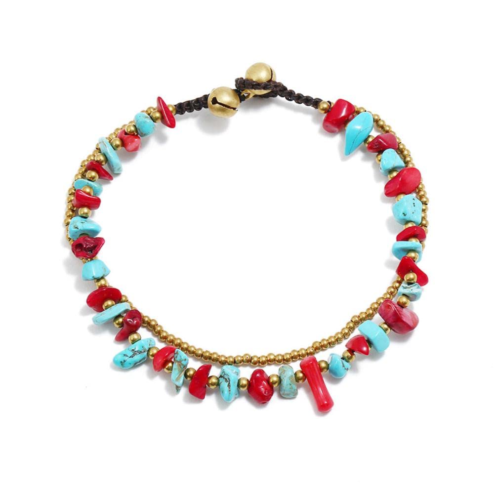 Decorazione cavigliera Decorazione cavigliera da spiaggia Boho Ghiaia naturale Filo di cera tailandese Cavigliera da spiaggia a doppio strato intrecciata a mano