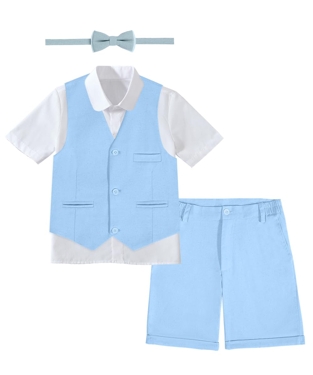 Boys Formal Linen Short Suit 4 Pieces Shirt,Vest, Pants and Tie Dresswear Suit Set