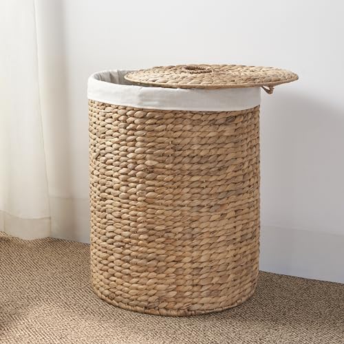 Image of Round Handwoven Laundry Basket with Lid, 15 x 15 x 20 in - Water Hyacinth Wicker Hamper for Bedroom, Nursery & Laundry Room