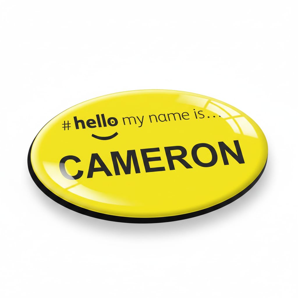 Badgemaster Hello My Name is Yellow Oval Personalised Premium Domed Custom Name Badge 62 x 37 Oval Yellow Black