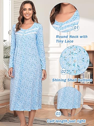 Long Cotton Nightgowns for Women Long Sleeve Night Gowns Women's Sleepwear Full Length Nightdress Soft Loungewear2