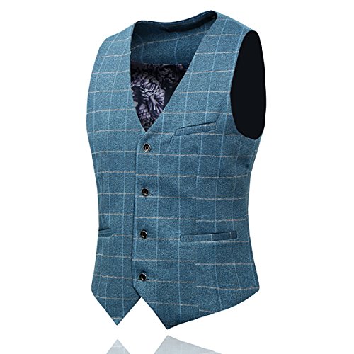 Men's Plaid Modern Fit 3-Piece Suit Blazer Jacket Tux Vest & Trousers, Blue, Medium. #TOP3
