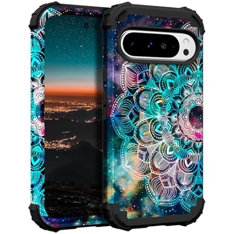 Hocase for Google Pixel 9 Pro XL Case, Shockproof Heavy Duty Protection Hard Plastic+Silicone Rubber Bumper Hybrid Protective Case for Google Pixel 9 Pro XL 6.8" 2024 - Mandala in Galaxy Cover