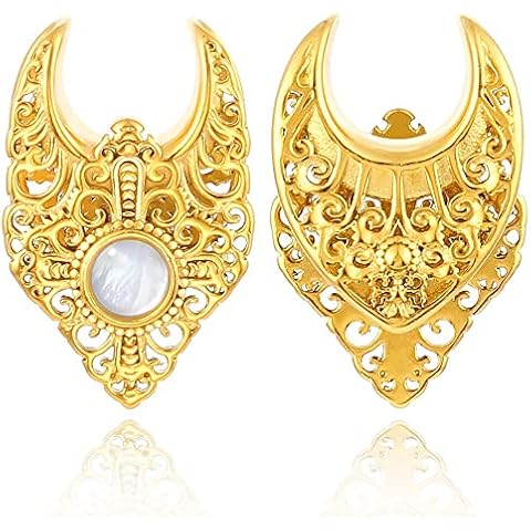 Casvort 2 PCS Hypoallergenic 316 Stainless Steel 0G-1" Floral Saddle Hangers Plugs Elegant Abalone Saddle Gauges Ear Plugs Expander Stretcher Ear Tunnels Body Piercing Jewelry, 00G (10mm), no gemstone Cover