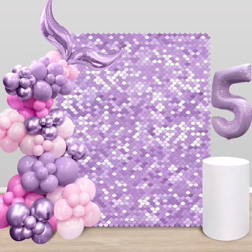 Image of Light Purple Shimmer Wall Backdrop 24 Panels Sequin Backdrop Photography Backdrops Wall Panels for Birthday Wedding Engagement Mermaid Wall Disco Backdrop Decoration