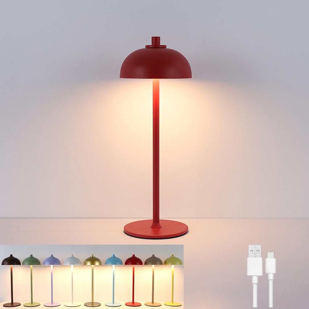 Lampada da Tavolo a Forma di Fungo a Batteria LED Regolabile Luce Fungiforme Lampada da Tavolo Senza Fili, Ricaricabile tramite USB, Senza Cavi, 3000K-6000K Lampada a Fungo Alimentata,Rosso