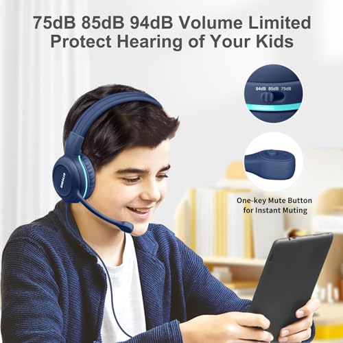 Image of SIMOLIO Wired Headphones for School with Microphone, Stereo Kids Headphone with Flexible Swivel Boom Mic for Student K12 & Teacher & E-Learning, 3 Levels Volume Limiter Gaming Headsets for Boys, Girls