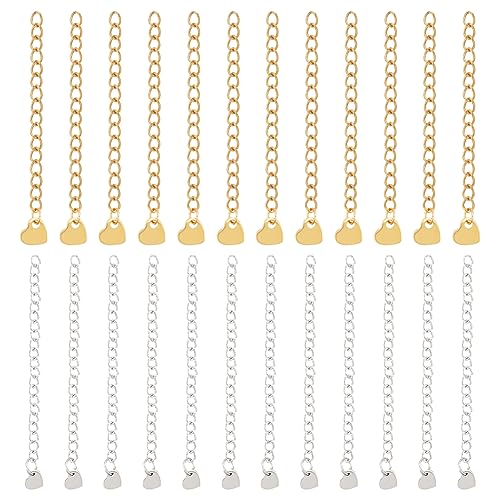 UNICRAFTALE 40Pcs 2 Style 2 Colors 60mm Bracelet Extension Chain 304 Stainless Steel End Chain with Heart Charms Metal Jewelry Extension Chain Charm Chain Extender for Necklace Bracelet Jewelry Making