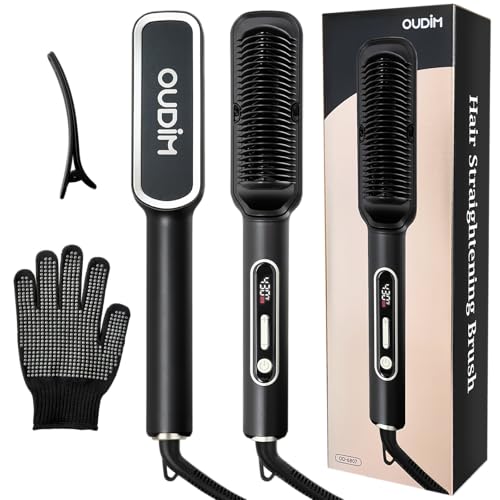 OUDIM Hair Straightening Brush, Digital Temperature Control, Heat Protective Glove, Black