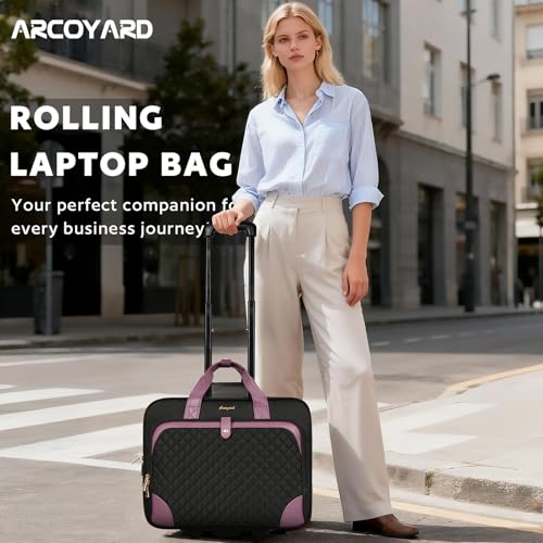 Image of Arcoyard Rolling Laptop Bag, Large Rolling Briefcase for Women with Waterproof Pocket, 17.3 Inch Computer Bag Laptop Case with Wheels, Roller Work Bag for Office Travel Business Teacher, Black Purple