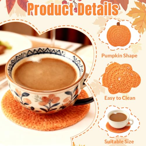 Handmade Fall Crochet Pumpkin Coasters - Set of 4 Beige 4.72" Thanksgiving Cup Mats, Autumn Harvest Table Decor for Kitchen & Party — view 3