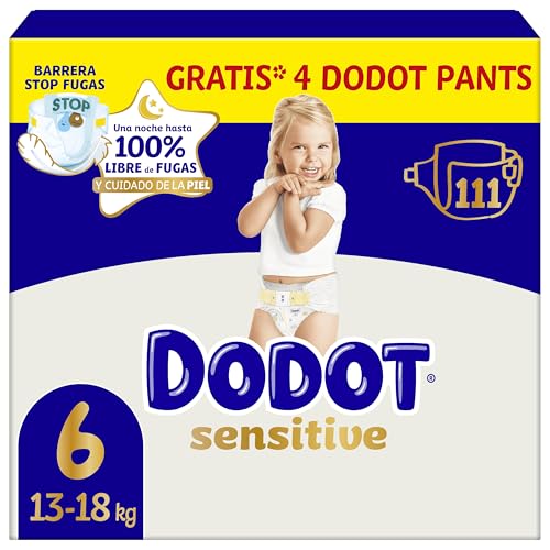 Dodot Pañales Bebé Sensitive, Talla 6 (+13 kg), 111 Pañales + 4 Pants de Regalo, Hasta 12 h De Protección Antifugas y Cuidado de la Piel, Pack Mensual