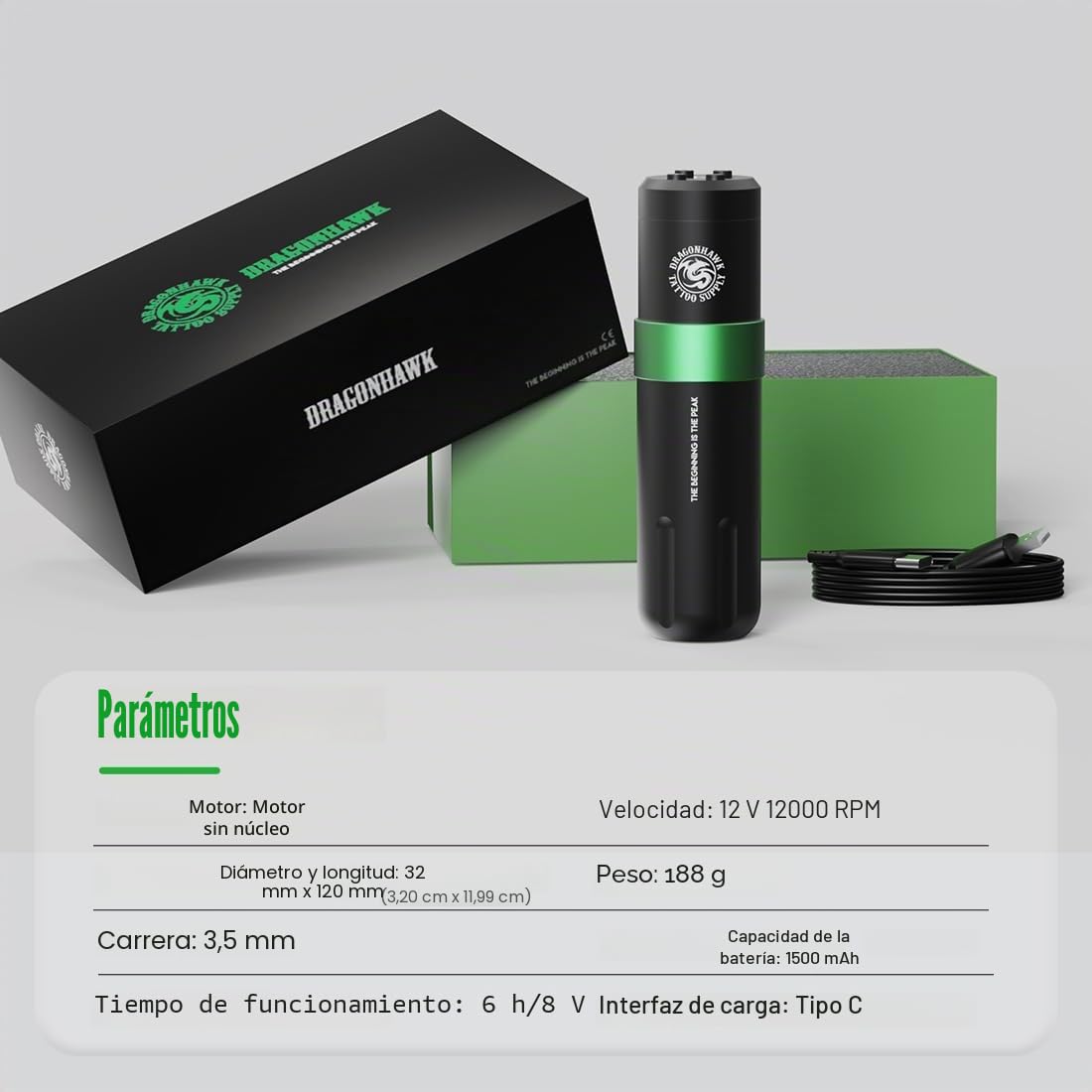Dragonhawk Kit Tatuaje Rotativa Máquina de Tatuar Pen Inalámbrico Baterías 1500mah Machine 3.5mm Stroke Length 20 pcs Agujas de Tatuaje Surtido para Principiantes