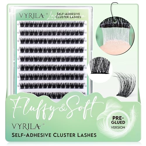 VYRILA Self-Adhesive Lash Cluster, 150pcs Pre-Glued Clusters, Pop-On Faux Eyelashes, 3D Band D Curl Natural Look Lahses, Easy to Apply, Reusable 0.05mm Eyelash Extensions (Green Lushy-D-0.05-10-16mix)