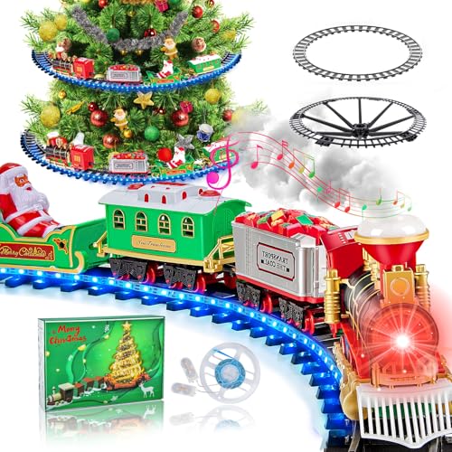Buzzoxerex Trenino Albero di Natale, Trenino Elettrico Natalizio, Trenino di Natale con Luci a LED Blu, Trenino Elettrico per Bambini con Spray e Suoni