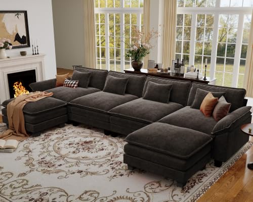 CDCASA 154" Oversized Modular Sectional Sofa, Comfy U-Shaped Cloud Couch w/ 2 Movable Ottomans, 6-Seater Chenille Deep Seat Modern Sofa Couch for Living Room, DIY Combination, Grayish Brown