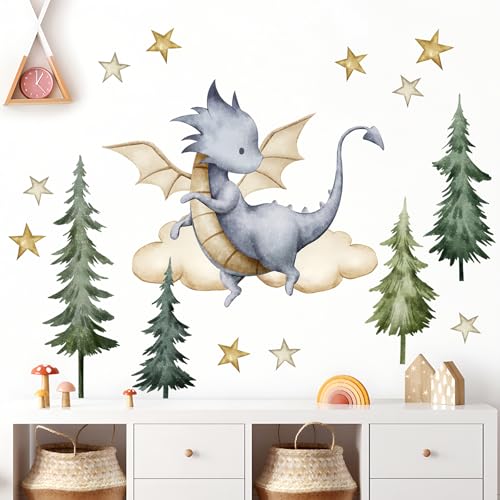 Image of Buiory Removable 3D Dragon Wall Decals DIY Peel and Stick Tree Star Wall Stickers Watercolor Dinosaur Cloud Mural Art Decals for Kids Bedroom Living Room Wall Decor (A)