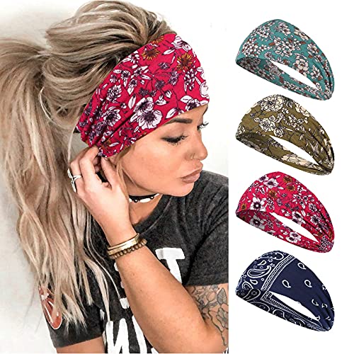 Vemalo Wide Headbands for Women, Boho Bandeau Head Bands, Workout Head Wraps, Stretch No Slip Hair Wraps Pack of 4 (Gorgeous)