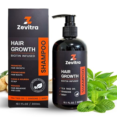 Zevitra Hair Growth Shampoo - Biotin Infused Natural Botanical Formula with Tea Tree Oil, Ginseng & Mint for Stronger Hair and Healthy Scalp - 10.1 FL.OZ / 300ML