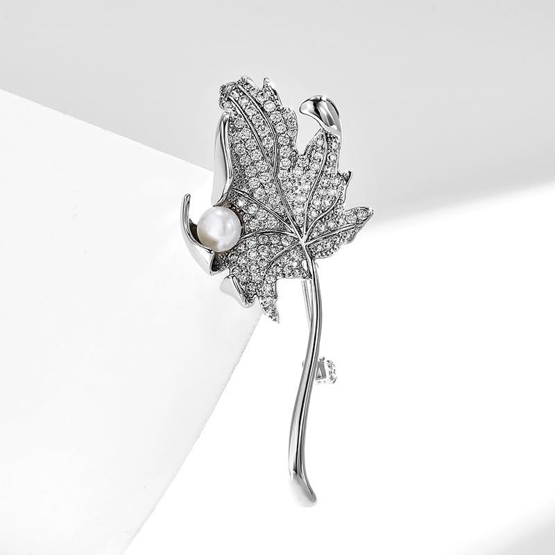 Image of Rhinestone Leaf Brooch Pins - Crystal & Gold-plated Lapel Pin Jewelry for Women - Birthday Gift for Wife or Friends