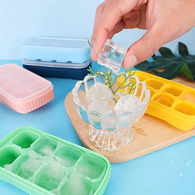 Image of KASHIVAL Flexible Silicone 8 Cavity Ice Cube Tray with Lids Mold Trays for Freezer and Cocktails Easy Release Whiskey Fridge Bar Soft Ice Tray (2, Multicolor)