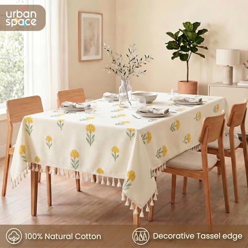 Image of Urban Space 100% Cotton Dining Table Cover for 6 Seater, Printed Cotton Table Cloth for Center Table, Dining Room Table Cover 48 inch X 92 inch (Aster Yellow, 6 Seater)