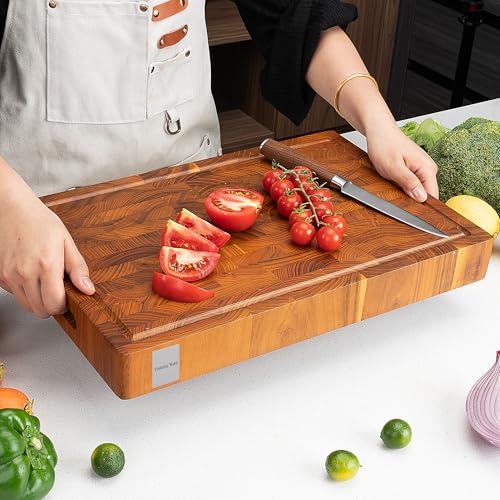Tabla de cortar rectangular de madera de teca de 43.18 cm con ranura para jugos, reversible y gruesa para cocina miniatura 5