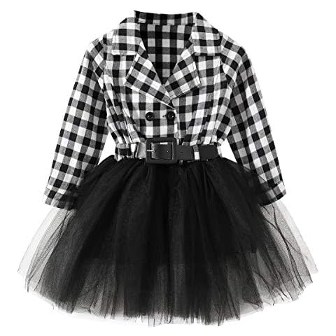 YOUNGER STAR Little Baby Girl Black and White Dress Buffalo Plaid Tutu Skirt Party Princess Formal Outfit Clothes (White, 7-8 Years) Cover