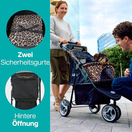 Hundebuggy Katzenbuggy für Reisen - Innopet Allure Cheetah – exklusiver Hundewagen mit Leopardenmuster, einhändig faltbar, mit Aufbewahrungskorb, 2 Sicherheitsleinen, pannensichere Räder – Hundewagen