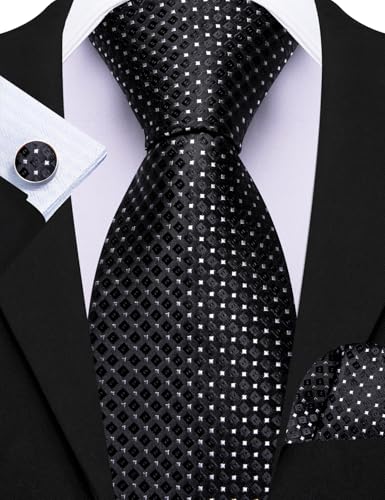 Image of Barry.Wang Plaid Ties Check Mens Necktie Set with Handkerchief Cufflinks Classic Stripe