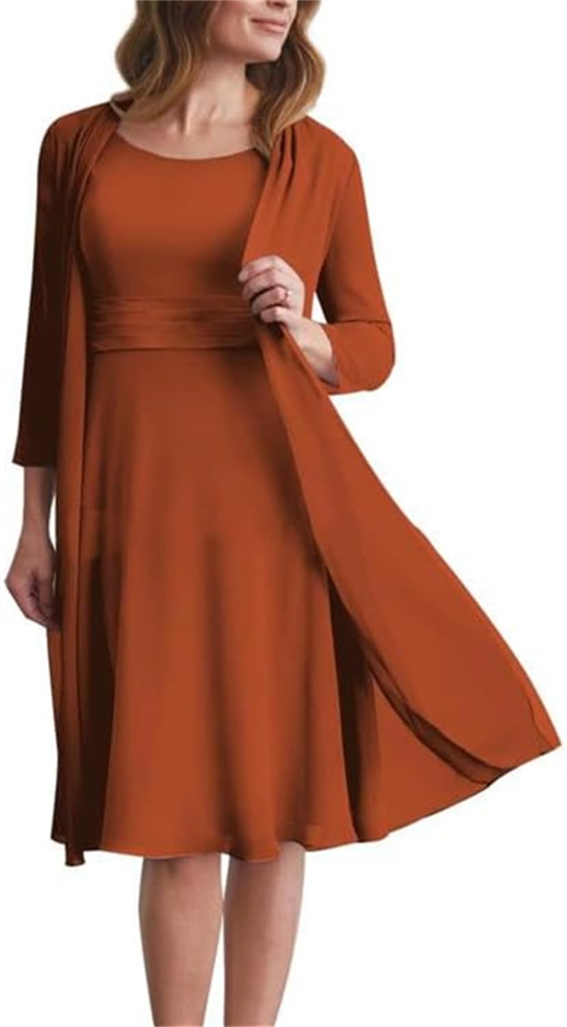 Yiann Women's Burnt Orange Mother Of The Bride Dresses Knee Length Chiffon Formal Wedding Guest Dress With Jacket Uk16