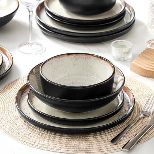Steingut Geschirr Set 12 Personen Beige, vancasso AMBER Teller Set 12 Personen, Tafelservice 48tlg mit Speiseteller, Dessertteller, Suppenteller, Schüssel, Reaktive Glasur, Hellgelb, Spülmaschinenfest