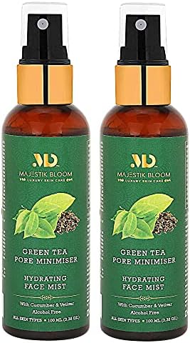 Majestik Bloom Hydrating Face Mist with Organic Green Tea, Aloe Vera & Cucumber, Pore Minimizer, pH Balancing, Oil Control and Hydrate, Alcohol Free, All Skin Types, 100 ml / 3.38 fl oz (Pack of 2)