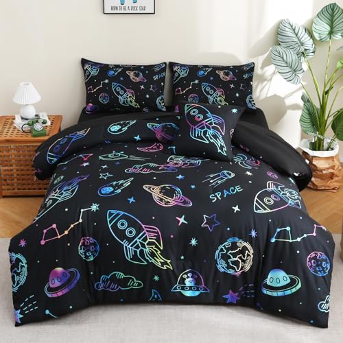 Tasselily 6 Pcs Space Twin Bedding Set for Boy,Twin Size Rocket Comforter Sets with Sheets for Boys Outer Space Twin Bedding Sets for Kids Teens
